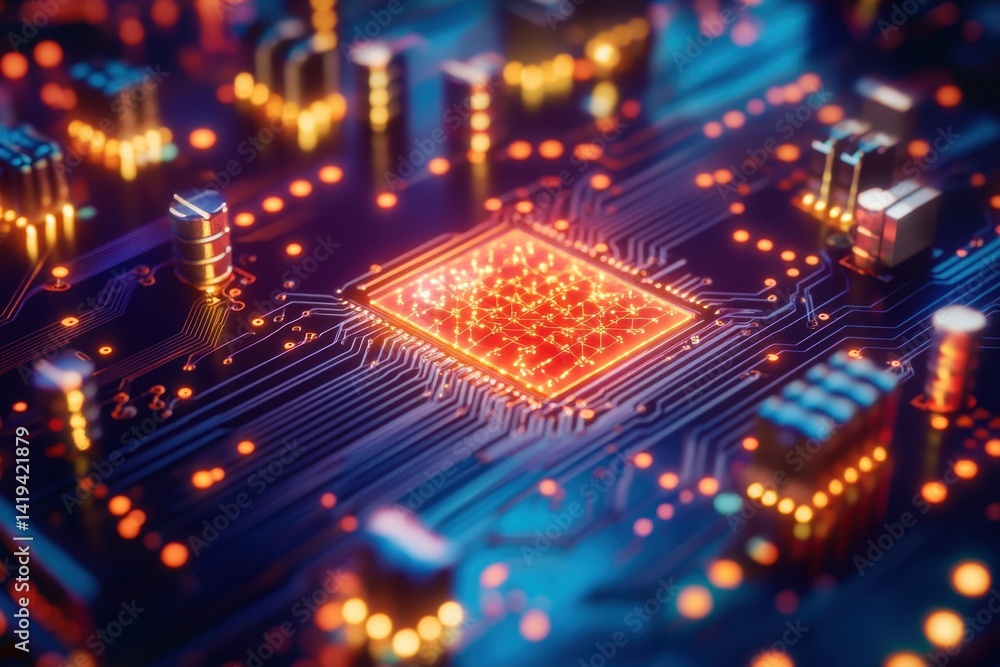 Poster circuit board with glowing components showcasing intricate design and technology details