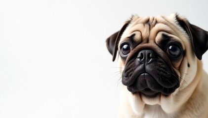 Obraz premium Close-up of a pug's face, pure white backdrop, dog breed, isolated