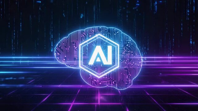 abstract blue background with binary code technology brain with ai logo