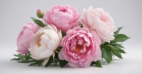 Fresh pink peony and rose bunch, white background  Perfect for design ,  soft colors,  flowers