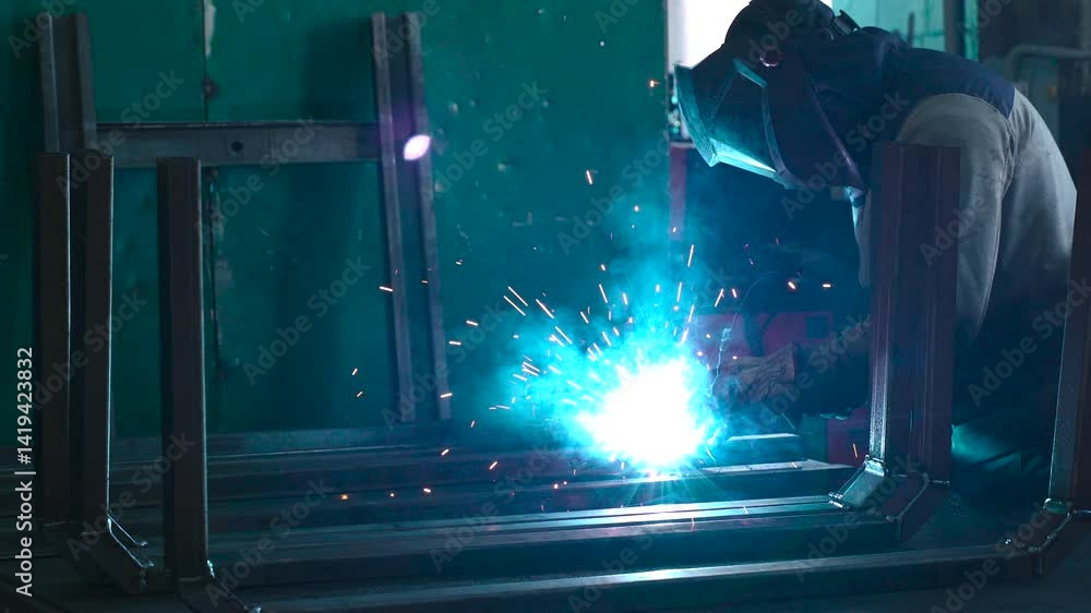 Poster in a bustling workshop, a skilled welder expertly fuses metal parts together, creating strong constr
