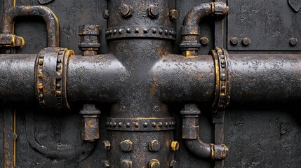 Industrial metal pipes and fittings, a detailed close-up.