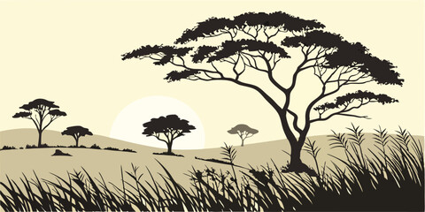 Minimal black silhouette of the African savanna with tall grass, a setting sun, and sparse trees.