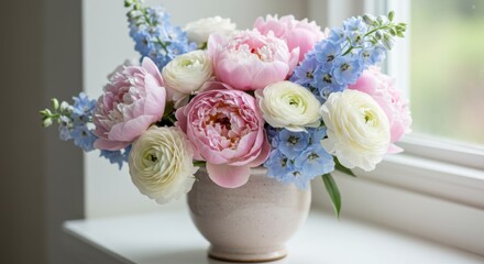 Flower Arrangement with Pink Peony and Blue Delphinium