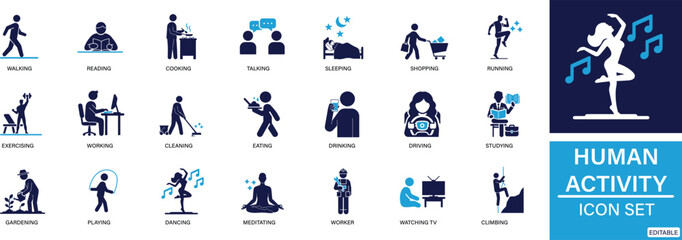 Human Activity Icons Solid Vector Collection.