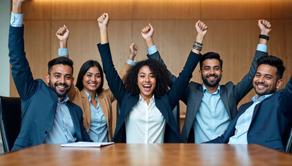 Smiling Indian business professionals raising arms and celebrating success as a happy team communicating and working together in corporate office