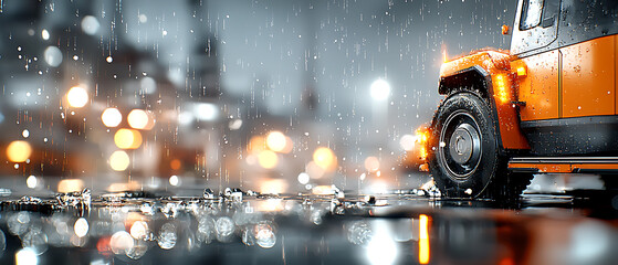 Obraz premium Rainy evening scene with an orange vehicle on a city street urban environment close-up view concept of adventure