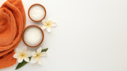 Two bowls of spa treatment cream with orange towel and white plumeria flowers on white background ideal for beauty and wellness advertisement or blog.