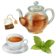 Tea Day illustration set with glass teapot, cup of tea, tea bag and leaves. Watercolor tea elements for celebrating international tea day.
