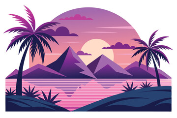 Abstract Landscape with Palm Trees, Mountains, Sunset in Purple & Pink Palette