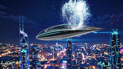 High-tech futuristic air vehicle flying over illuminated night city, sleek design, future travel