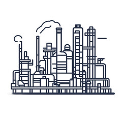 Industrial skyline featuring various factory structures with smokestacks emitting vapor, set against a clear sky, symbolizing manufacturing and urban development , isolated on white or transparent png