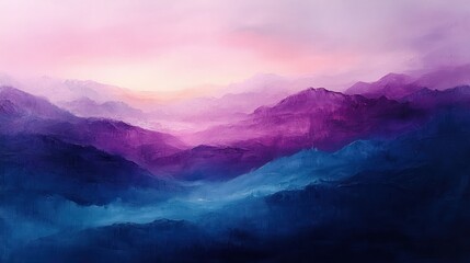 Obraz premium Misty mountain range, sunrise, purple and blue hues. Use desktop wallpaper