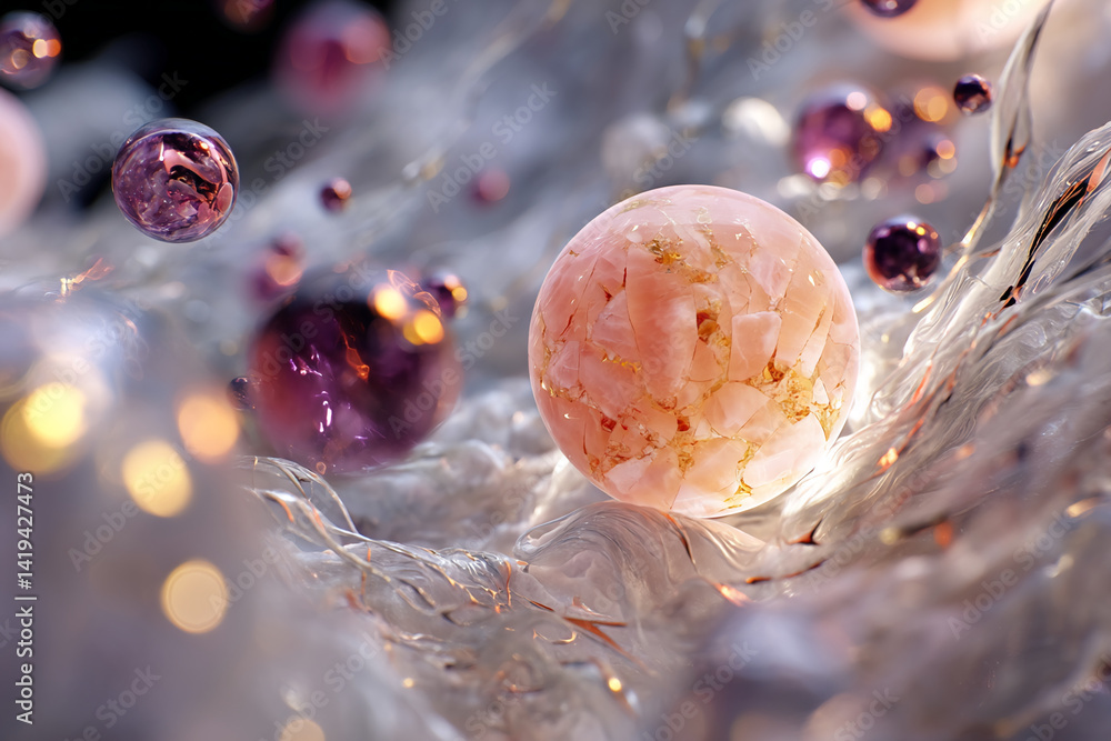 Poster pink sphere with gold flecks rests on a translucent, wave-like surface, surrounded by smaller sphere
