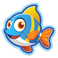 Obraz premium Animated Fish Character Smiling with Blue and Yellow Scales on White Background