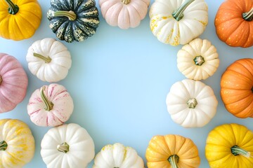 Autumn Pastel Pumpkins Frame Blue Background