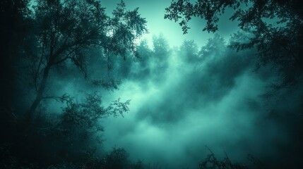 Obraz premium Mystical forest scene at twilight with dense fog