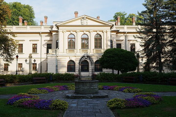 Garden and elevation of new castle in Zywiec city in Poland