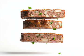 a piece of meatloaf with cheese and herbs
