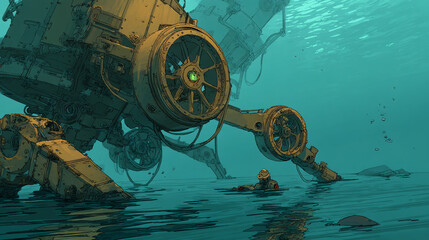 Submerged steampunk machine, partially underwater, near a diver, suggesting a sunken, futuristic scene, depicting exploration or post-apocalyptic themes