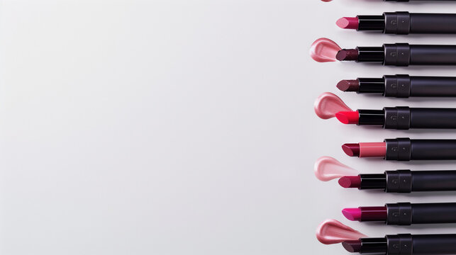 An artistic flat lay of various lipstick and lip gloss tubes with smeared color swatches, showcasing a palette of nude, pink, and red shades.