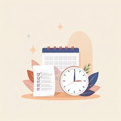 Flat vector illustration of a calendar, clock, and checklist, representing productivity and task management, 