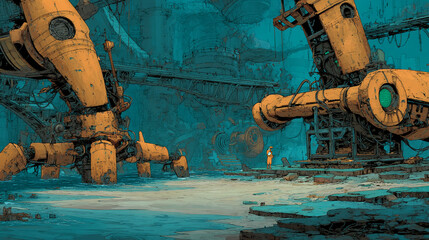Post-apocalyptic scene, teal and orange tones, large rusty machines near water, small figure, showcasing a desolate yet intriguing landscape, symbolic of futuristic decay or resilience