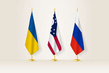 Diplomatic Meeting Representation, Ukraine, Ohio and Russia Flags. Flags on Diplomatic Stands.