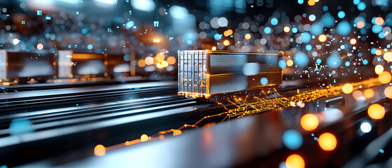 Dynamic transportation scene with container train urban landscape 3d visualization futuristic environment close-up perspective