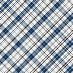 Plaid with twill weave repeat pattern in white and blue.Gingham seamless pattern with stripes.Checkered tartan Geometric graphic vector illustration background.