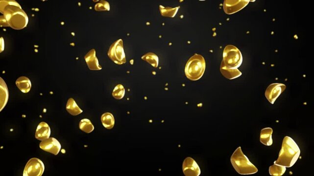 3D rendering of floating Chinese gold ingots (Yuanbao) on a black background, symbolizing wealth, prosperity, and good fortune in Chinese culture.