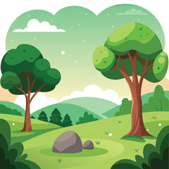 Obraz premium Cartoon Forest with Green Hills, Trees, Rocks and Gradient Sky Background