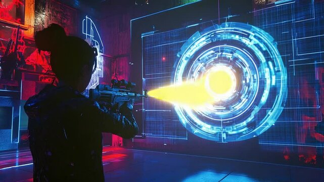 Cyberpunk Warrior: A Girl Aiming a Futuristic Rifle in a Neon-Lit Training Simulation