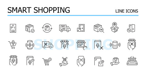 Smart shopping. Online stores and delivery. Vector icons set