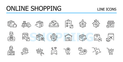 Online shopping and delivery. Door-to-door, autopilot vehicles and shipment. Vector icons set