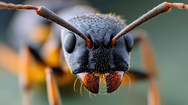 Close-up portrait of ant face with focus on textured exoskeleton and antennae
