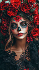 A beautiful mexican brunette with sugar skull makeup and a wreath of red roses, full-body portrait, dark background, studio photography, realistic skin texture, black. Santa Muerte style