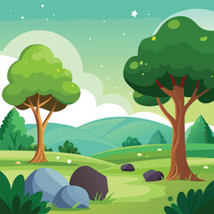 Fototapeta premium Cartoon Landscape with Green Grass, Hills, Trees and Rocks under Starry Sky