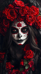 A beautiful mexican brunette with sugar skull makeup and a wreath of red roses, full-body portrait, dark background, studio photography, realistic skin texture, black. Santa Muerte style