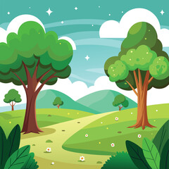 Cartoon landscape with trees, green hills, meadow and flower field