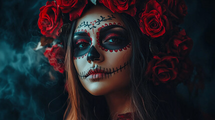 A beautiful mexican brunette with sugar skull makeup and a wreath of red roses, full-body portrait, dark background, studio photography, realistic skin texture, black. Santa Muerte style