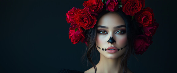 A beautiful mexican brunette with sugar skull makeup and a wreath of red roses, full-body portrait, dark background, studio photography, realistic skin texture, black. Santa Muerte style