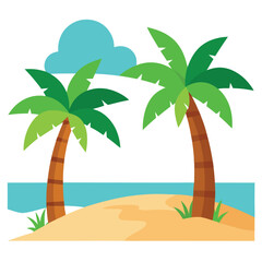 Cartoon Palm Trees on Tropical Beach with Blue Sky and Sea Transparent Background