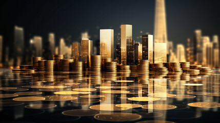 Double exposure of coins and city skyline symbolizing financial growth, economic investment, and urban development.

