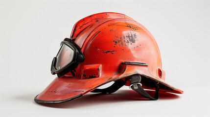 An old, red firefighter helmet with protective goggles, showing signs of use and wear, isolated on a clean white background.