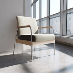 A minimalist modern armchair in a bright, open space with natural light