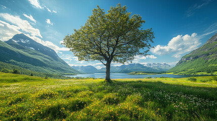 Fototapeta premium A beautiful tree in the middle of an idyllic green valley with mountains and a blue sky.