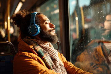 Obraz premium man wearing headphones enjoying music on bus, feeling warmth of sun and relaxed. He seems blissful in his own musical world