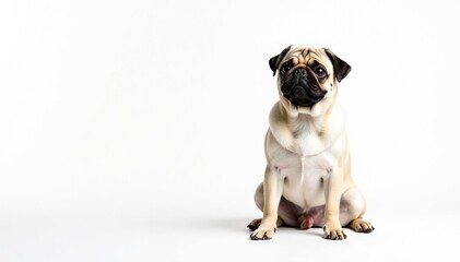 Fototapeta premium Adorable pug dog sitting, isolated on pure white background, canine, wrinkles, animal