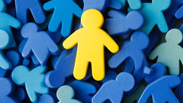 Yellow figure amidst a crowd of blue figures